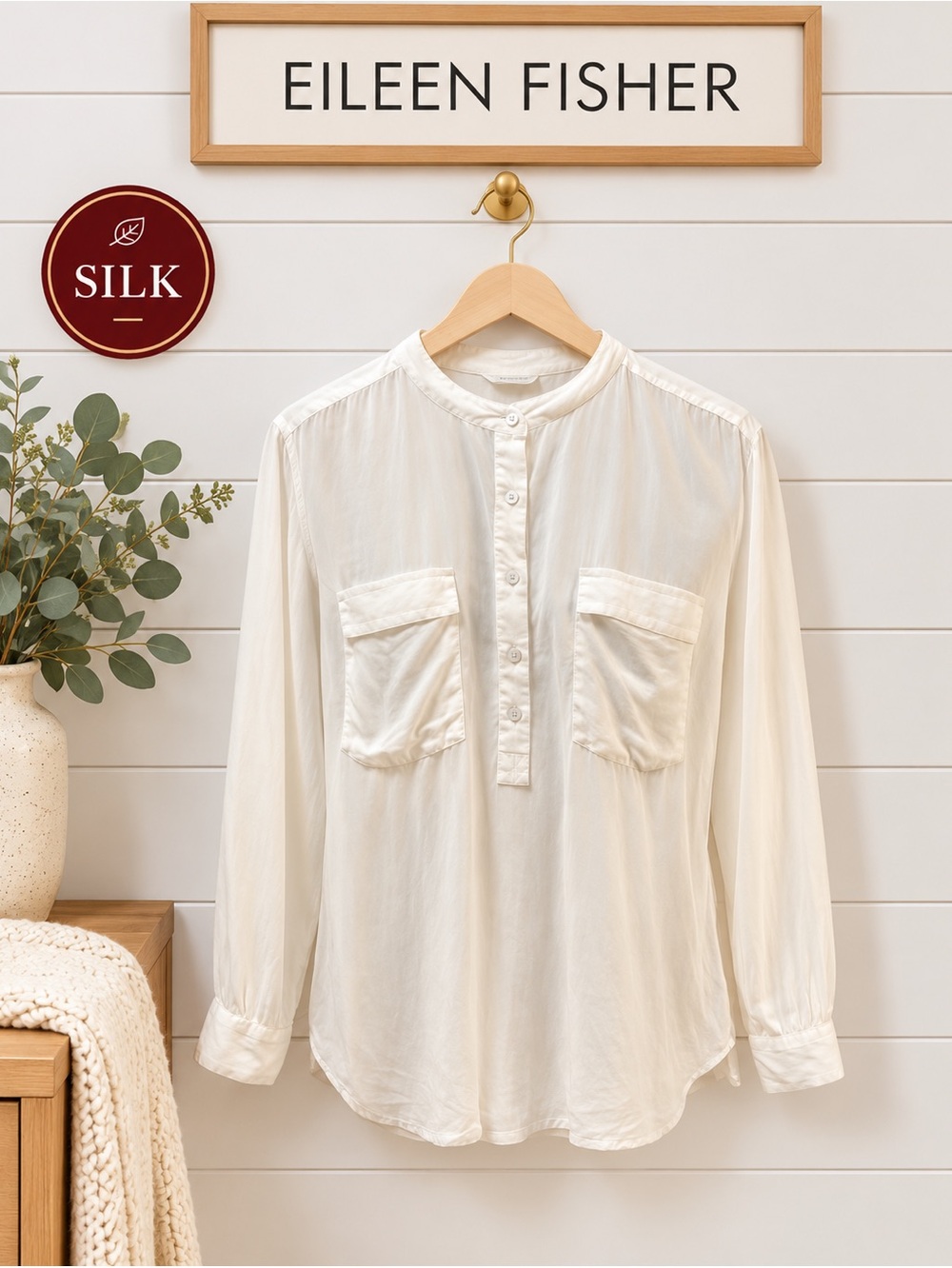 EILEEN FISHER Cream Silk Blouse Size S